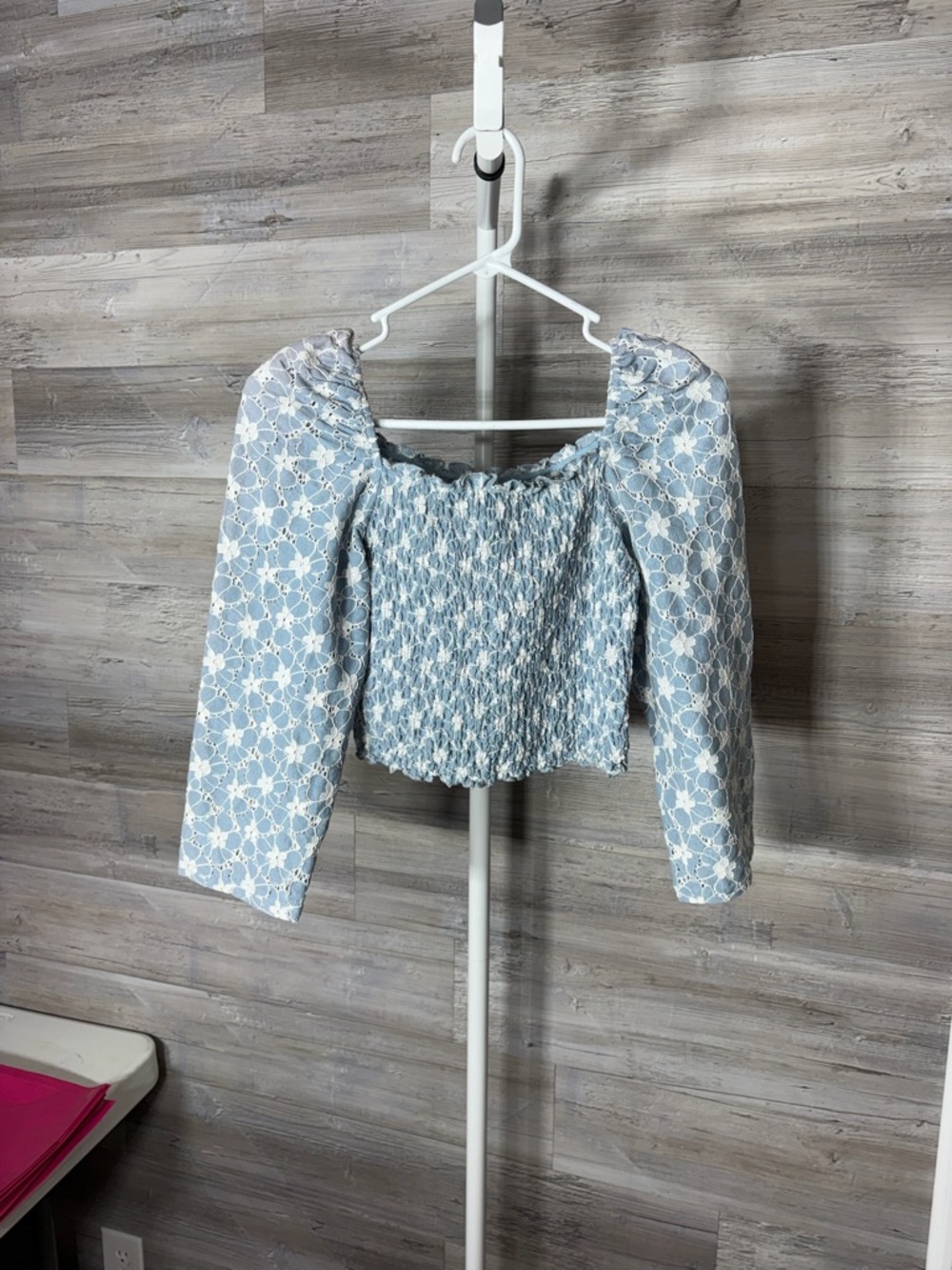 Fashion Nova Powder Blue Eyelet Smocked Puff-Sleeve Crop Top 2143